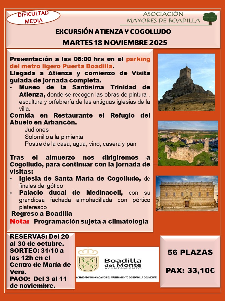 EXC. A ATIENZA (MARTES 18 NOV. 2025 SALIDA A LAS 8H DESDE EL  PARKING DE